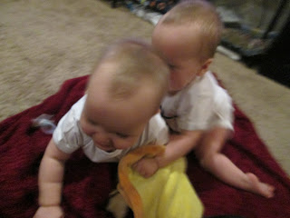 blurry picture of twin baby girls playing and crawling on each other