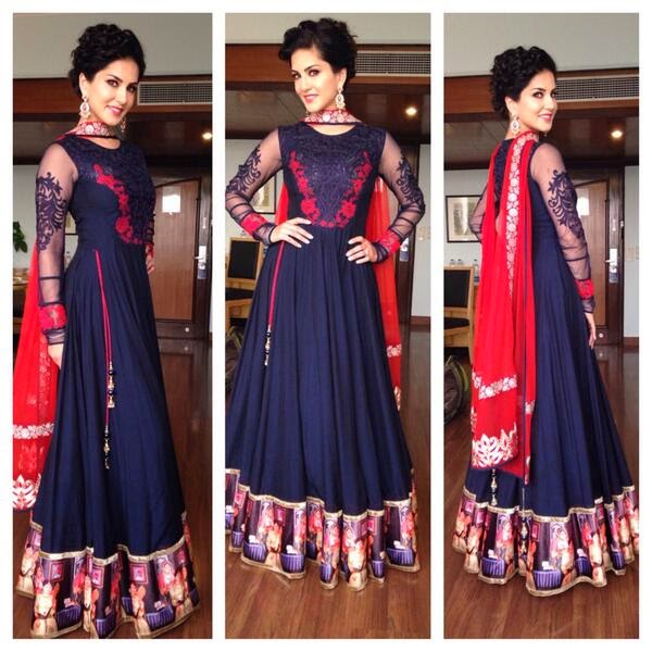 Sunny Leone in beautiful blue Anarkali costume Sunny Leone in Rohit Verma, looking pretty in blue Anarkali dress for promoting Ragini MMS 2 movie in Lukhnow