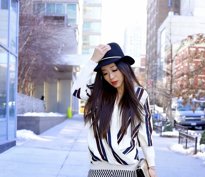 Topshop open front blouse, tripe blouse, alice and olivia stripe pants, janessa leone stephen hat, ysl lipstick, 31phillip lim bag, nastygal ring, baublebar pearl ring, stripe on stripe outfit, fashion blog, streetstyle, nyc
