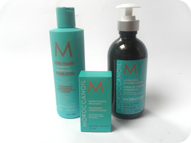 A picture of Moroccan Oil Extra Volume Shampoo, Moroccan Oil Treatment and Moroccan Oil Hydrating Styling Cream