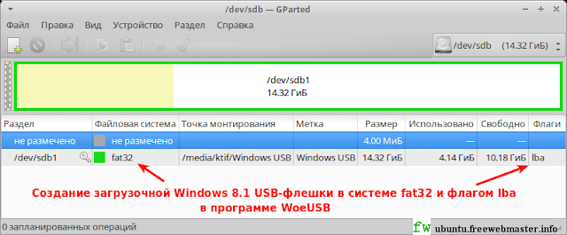 Создание загрузочной Windows 8.1 USB-флешки в системе fat32 и флагом lba в программе WoeUSB