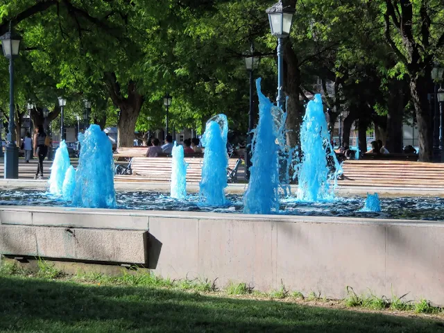 Blue water fountains in Mendoza, Argentina