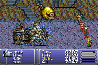 The party battles enemies inside the Soul Shrine, a dungeon in Final Fantasy VI.