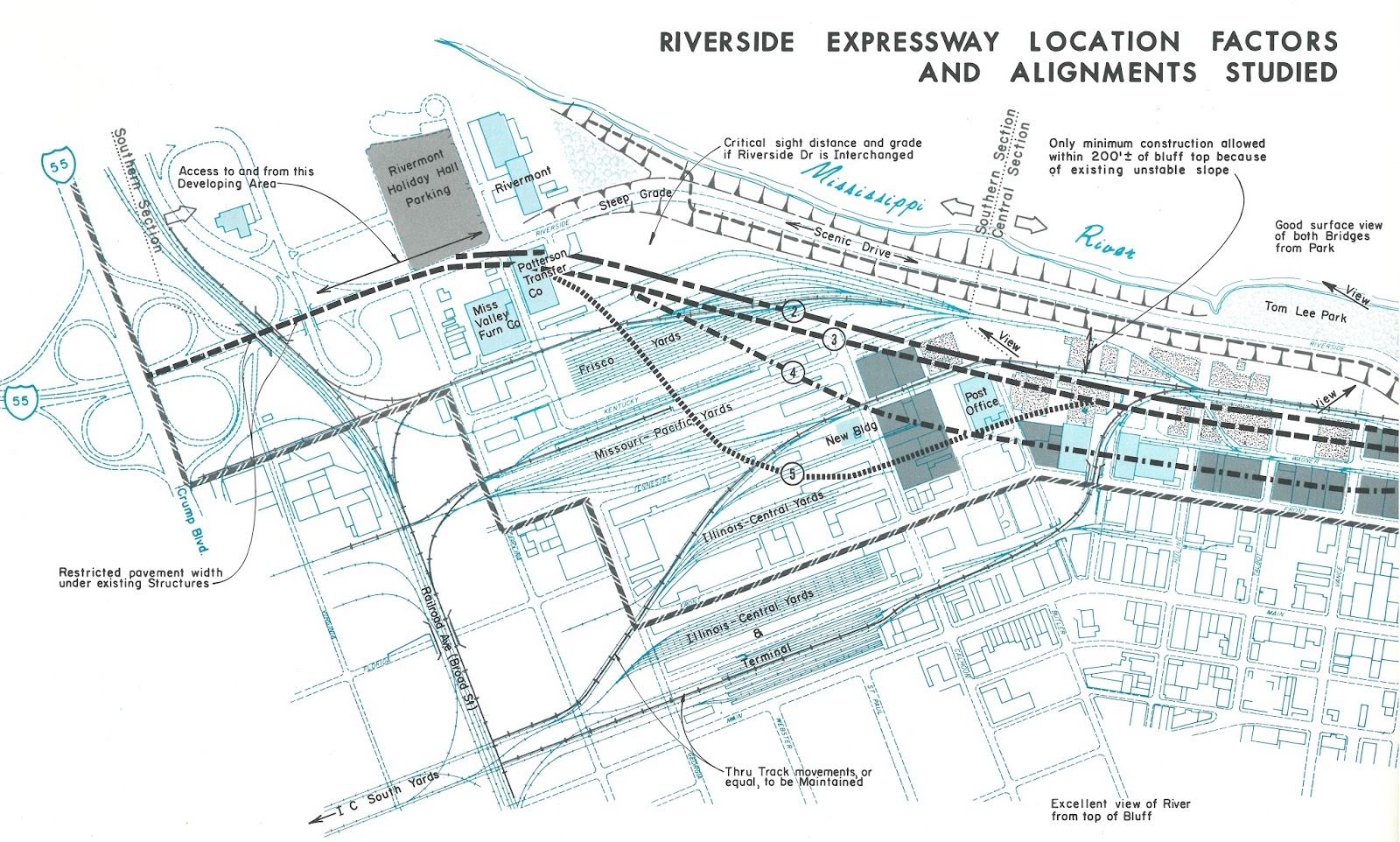 this map shows the southern portion of the expressway in greater detail and several alternate routes the south bluffs development which would eventually this map shows the southern portion of the expressway in greater detail and several alternate routes the south bluffs development which would eventually