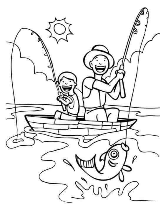 Tranh tô màu bố và con trai đi câu cá trên hồ