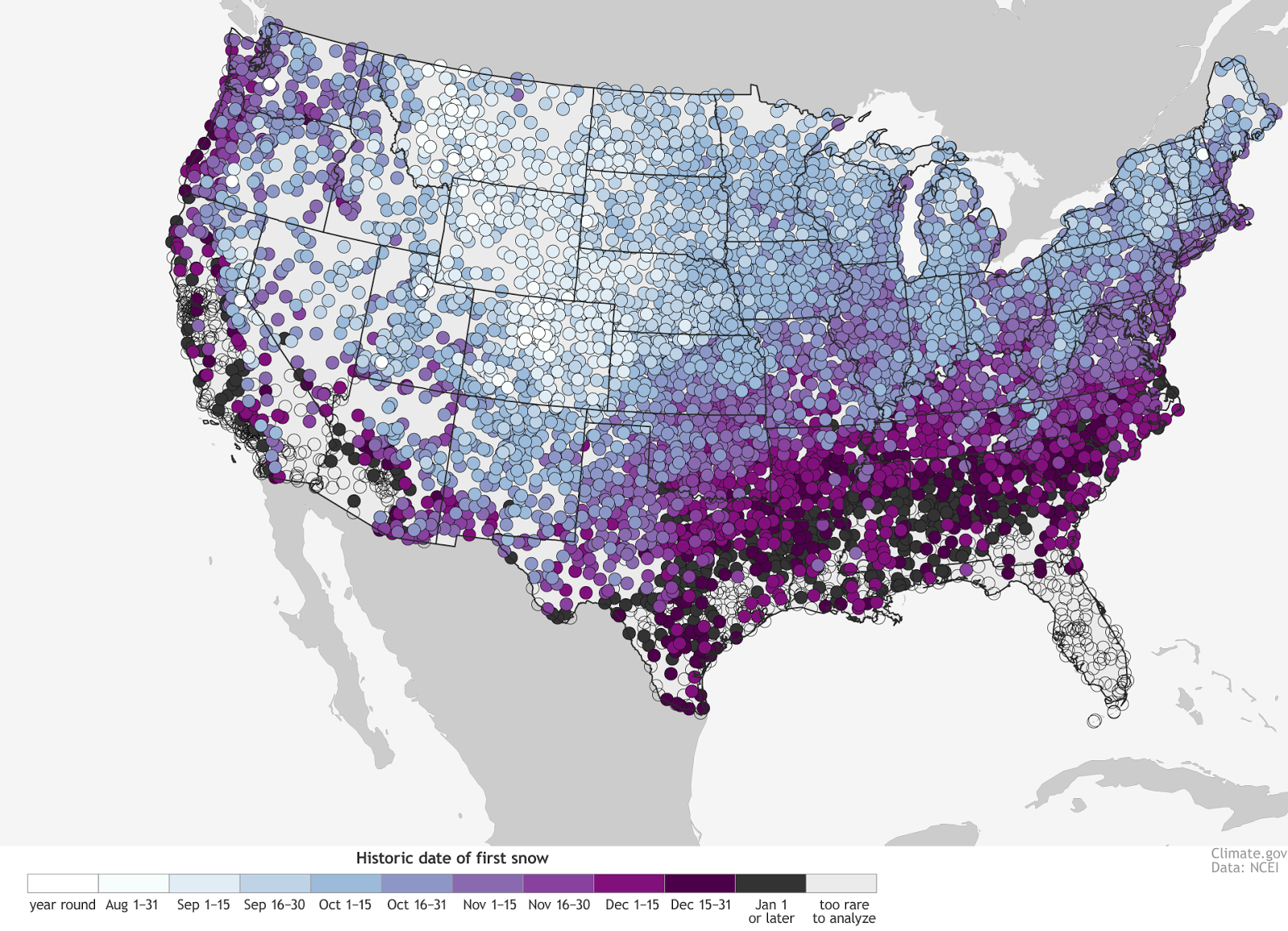When does the climate record say you can expect the season's first snow?