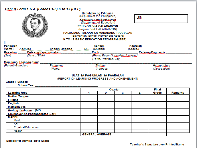 DepEd Form 138 Template