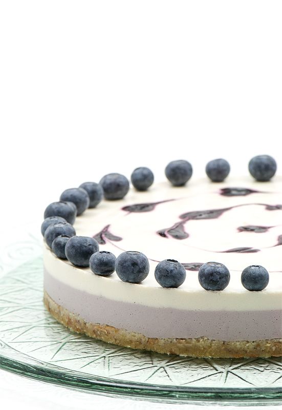 Raw blueberry lime cake close up on left side