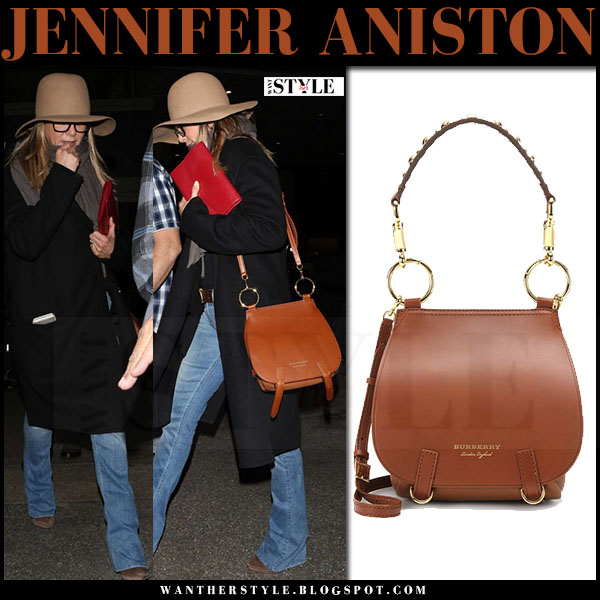 Jennifer Aniston With Brown Leather Burberry Bag At Lax I Want Her Jennifer Aniston With Brown Leather Burberry The Bridle Bag What She Wore