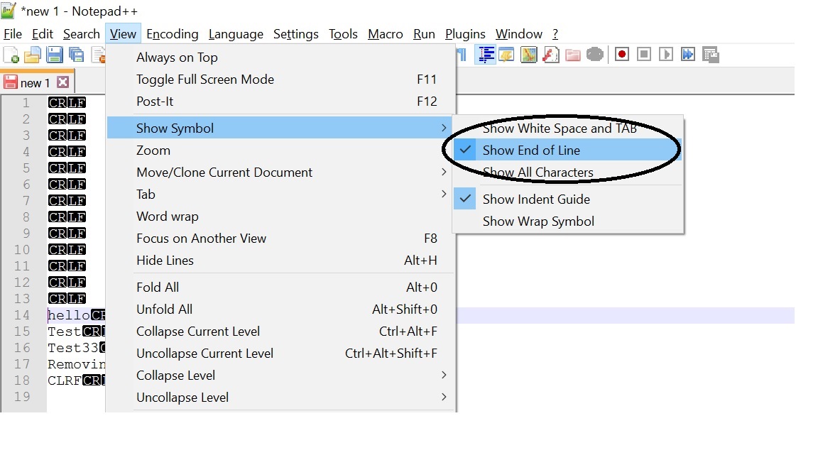 Remove CRLF display in Notepad++