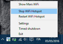 Mars WiFi menu gestione hotspot area notifica di Windows