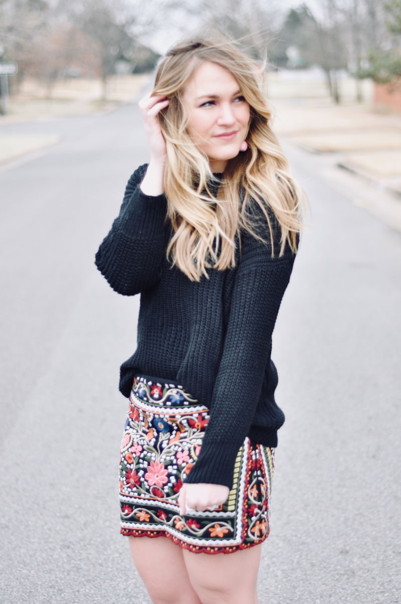 embroidered skirt outfit