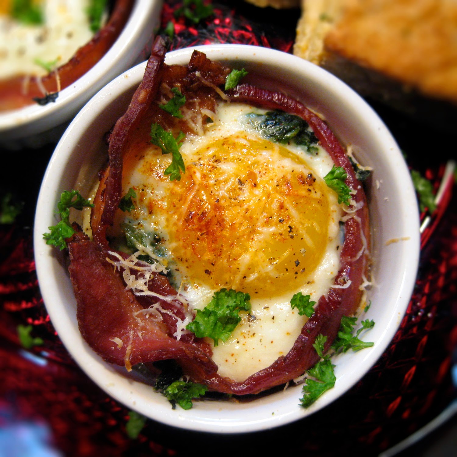 Bacon Wrapped Baked Eggs Florentine — Recipe Fiction
