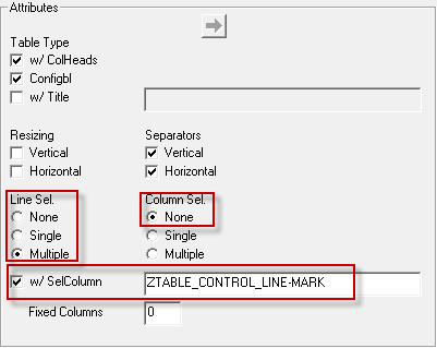 Configure properties of table control