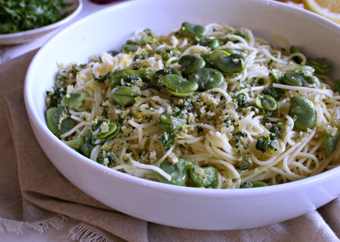 Pasta with fava beans and lemony garlic breadcrumbs