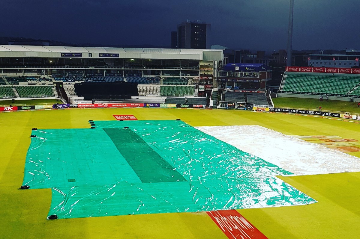 Rain intervenes at Kingsmead Rain intervenes at Kingsmead with covers pulled across the field