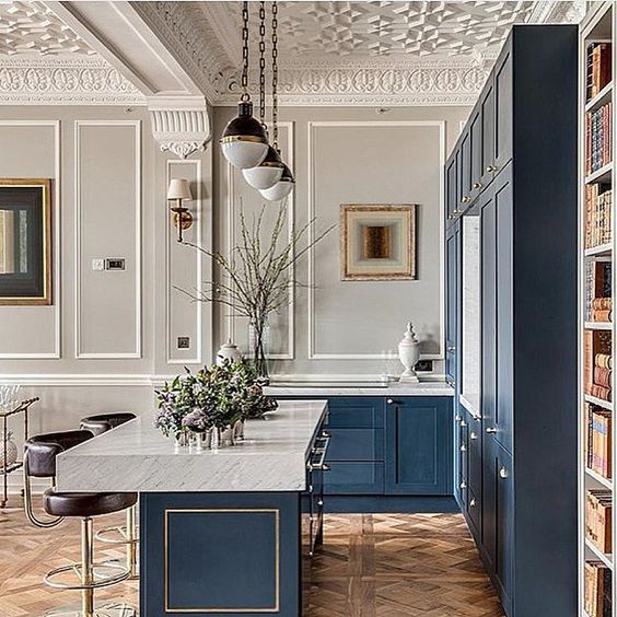 Blue and white kitchen decor inspiration 40 home decor ideas to pin elegant blue kitchen with amazing moldings parquet floor and marble Blue and white kitchen decor inspiration 40 home decor ideas to pin elegant blue kitchen with amazing moldings parquet floor and marble
