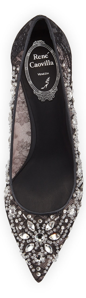 Rene Caovilla Crystal-Embellished Lace Pump, Black