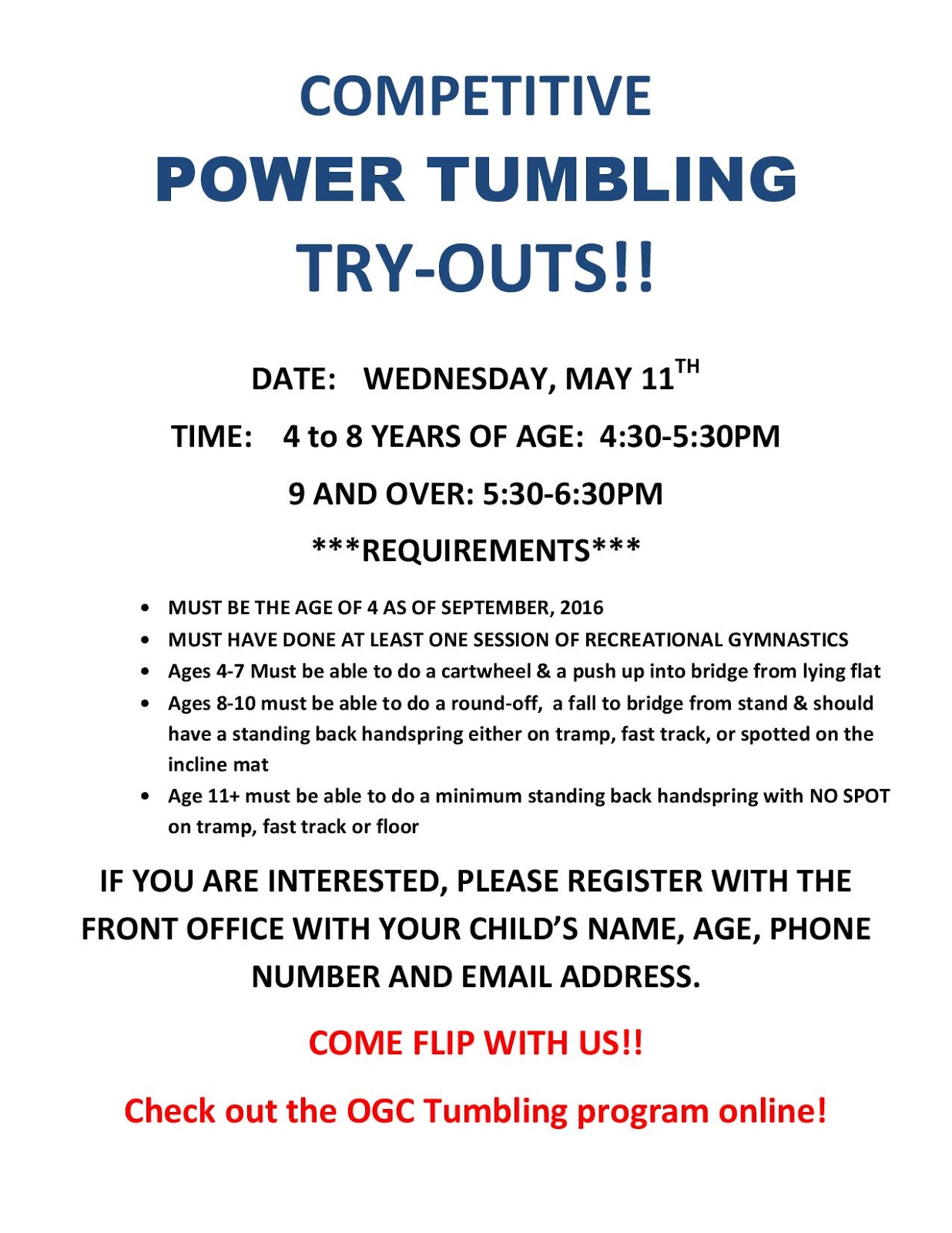 OAKVILLE GYMNASTICS CLUB TUMBLING PROGRAM Power Tumbling Tryouts at
