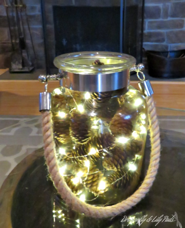 Pine cones, Warm 100 count lights, Glass Jar with metal and rope styling
