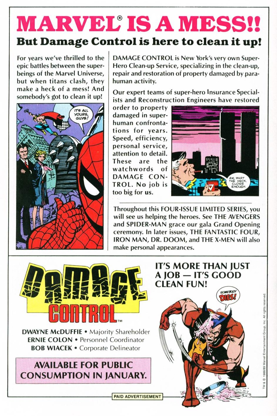 Damage Control Advert Marvel Comics of the 1980s: 1989 - Damage Control house ad