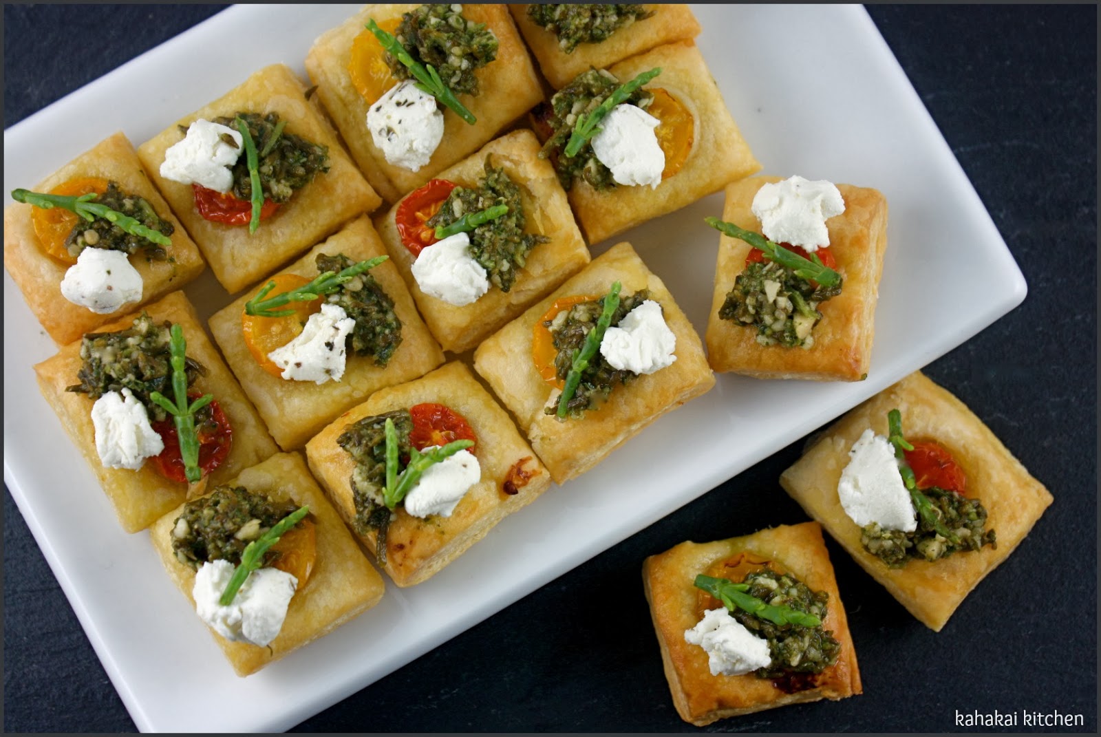 Kahakai Kitchen Tomato + Goat Cheese + (Sea Asparagus) Pesto Squares Easy Mini Tarts for
