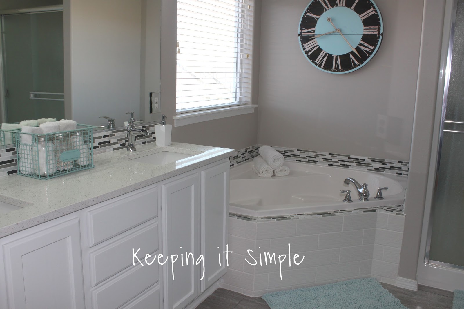 Master Bathroom Makeover With Gray And White Color Scheme Keeping Here Is My Favorite Part Of The Bathroom Vanity And Bath Tub I Love How They Look Together