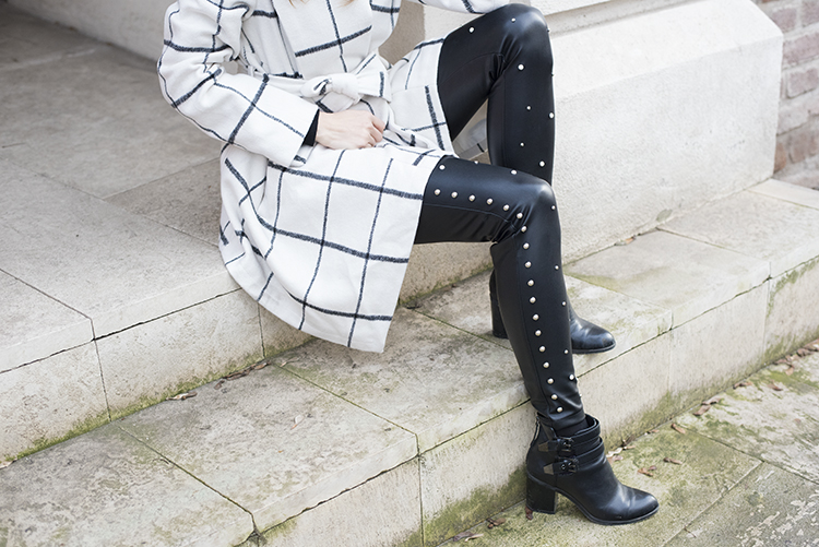 White Grid Winter Coat Studs Pearls Leather Leggings White Grid Winter Coat Studs Pearls Leather Leggings