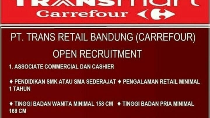 Lowongan Kerja Transmart Carrefour Bandung Tingkat SMA SMK 2021 Maret 2022