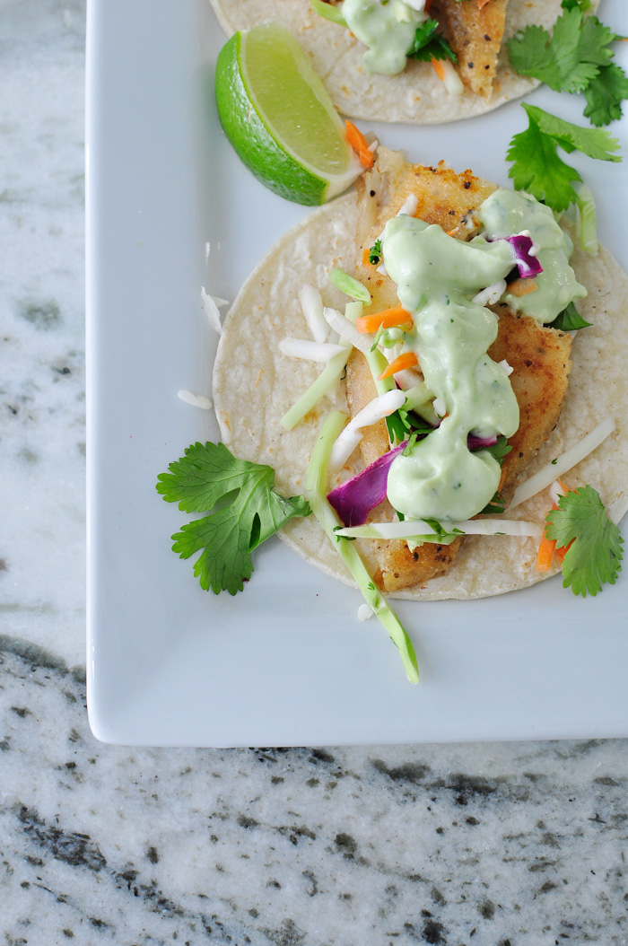 Tilapia street tacos with avocado jalapeno dressing and a veggie slaw- three tacos for only 11 Weight Watchers Smart Points. This recipe looks delicious! 