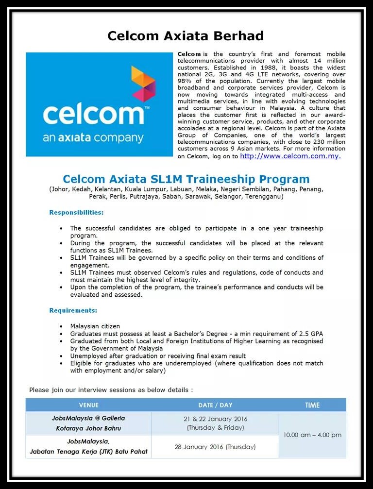 Jawatan Kosong : Celcom Axiata SL1M Traineeship Program