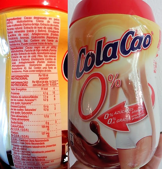 Calorías en Cola Cao Colacao 0% Fibra e Información Nutricional