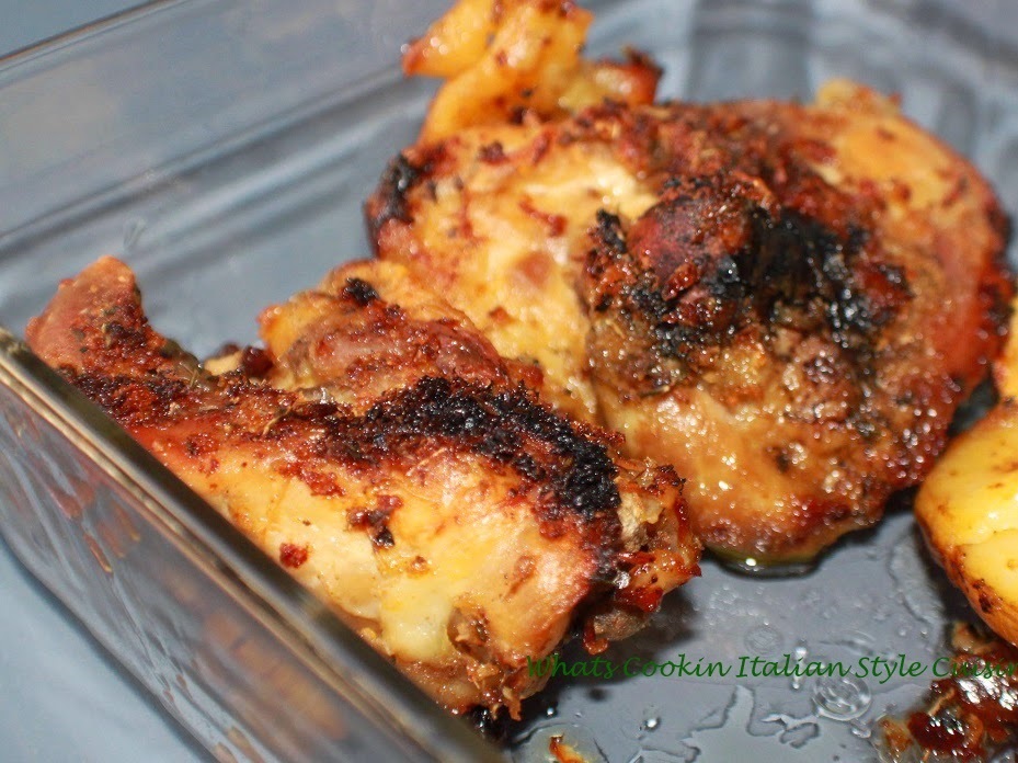 Parmesan Chicken Thighs with Herbs and Peppers This is a pan of chicken thighs, legs and chicken breasts baked in the oven with parmesan and spices until crispy skin forms
