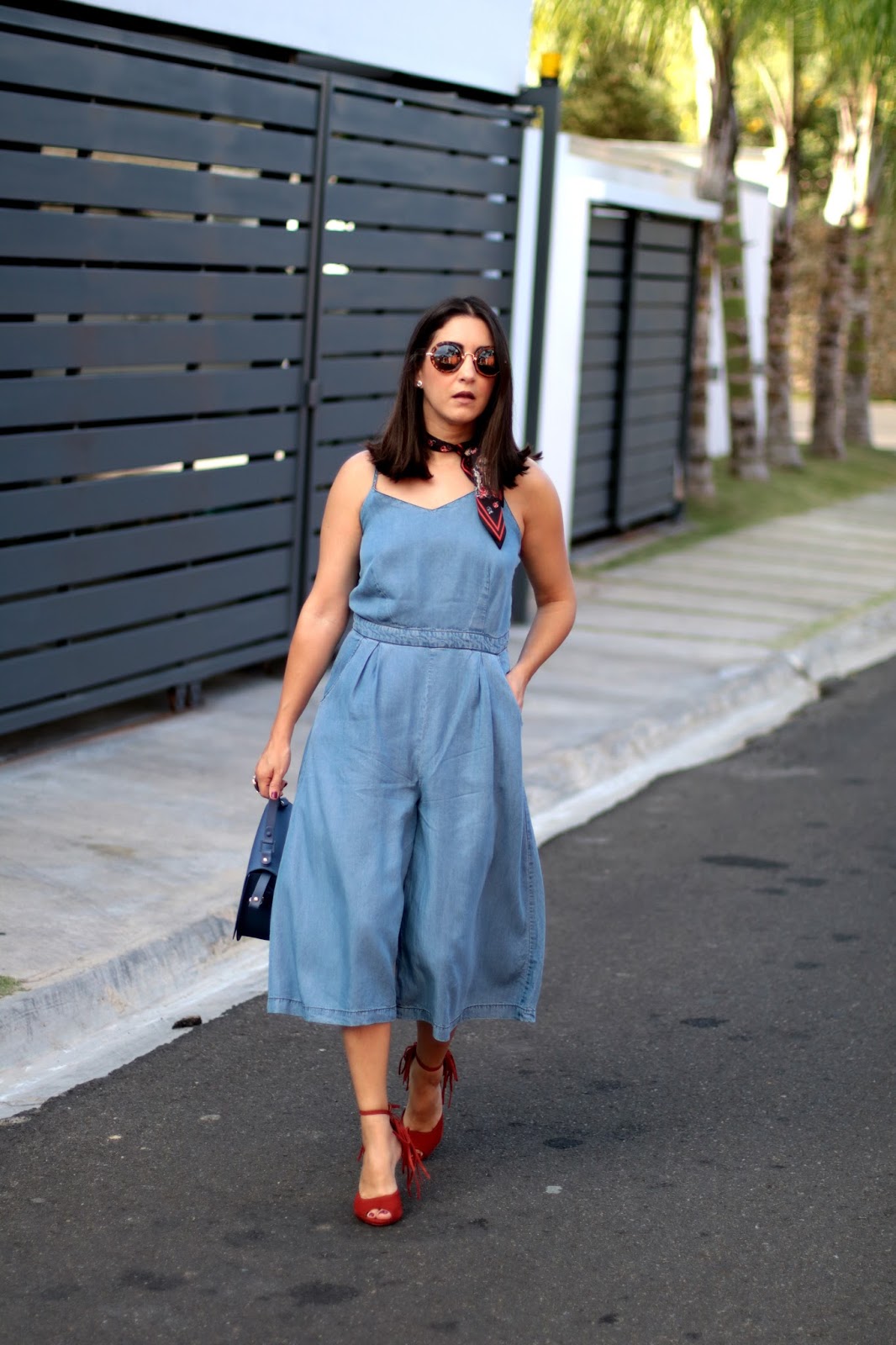 denim jumpsuit with heels