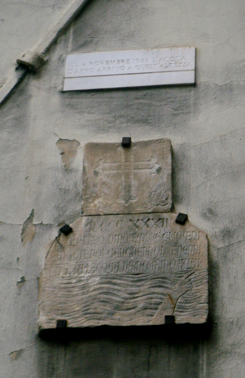 Plaques on the Via San Remigio in  Florence mark the level of both floods