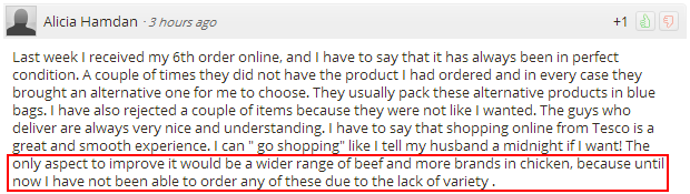 Customer's comment on Tesco Online Shopping