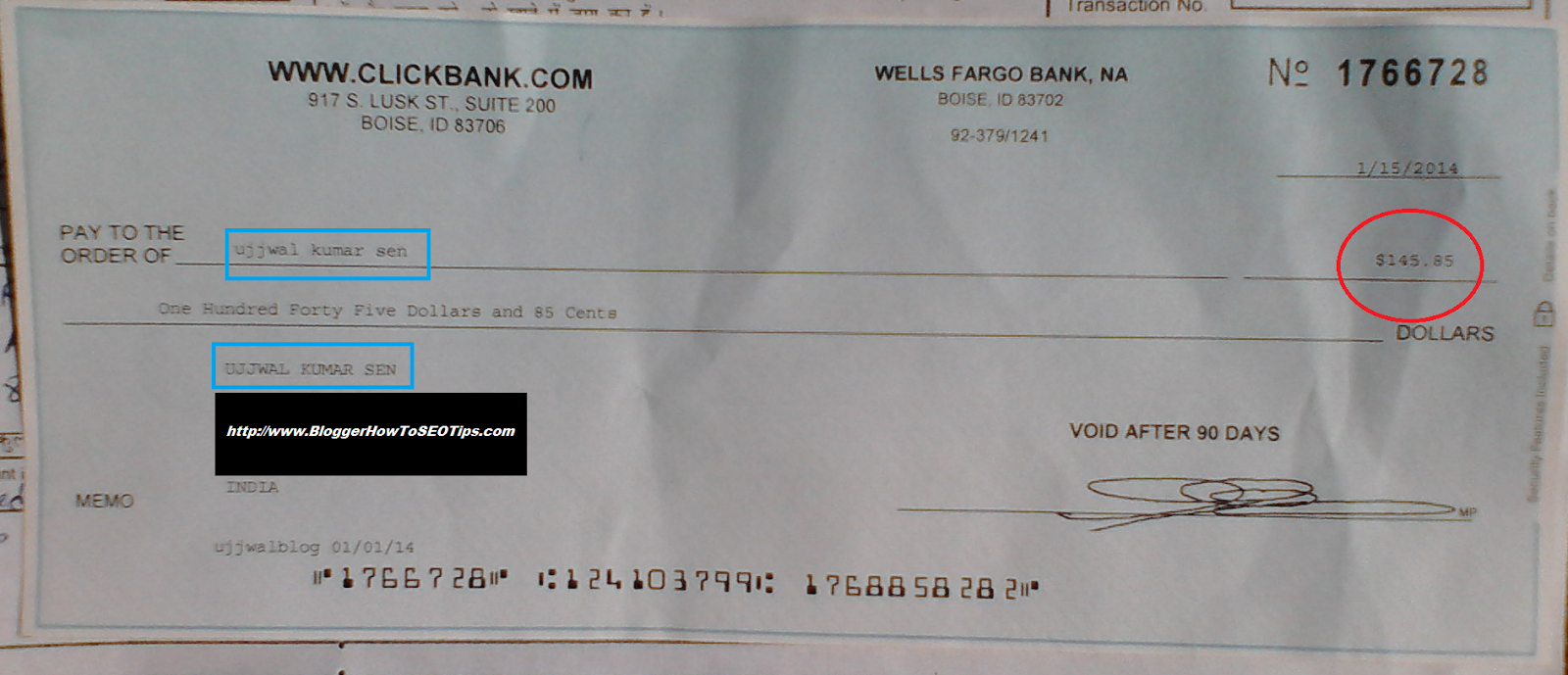 First ClickBank Cheque India
