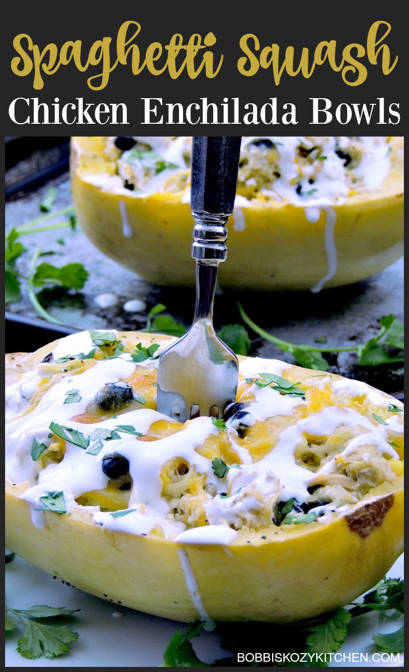 Spaghetti Squash Chicken Enchilada Bowls are a healthy, low calorie, low carb way to enjoy your favorite Mexican flavors. From www.bobbiskozykitchen.com