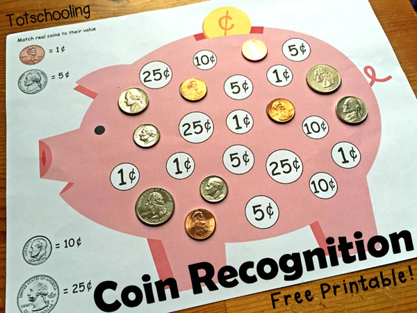 piggy bank coin recognition printable totschooling