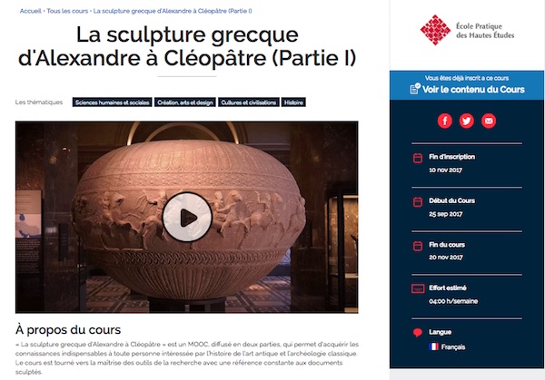 Mooc La sculpture grecque d'Alexandre à Cléopâtre Capture d'écran de présentation du Mooc la sculpture grecque