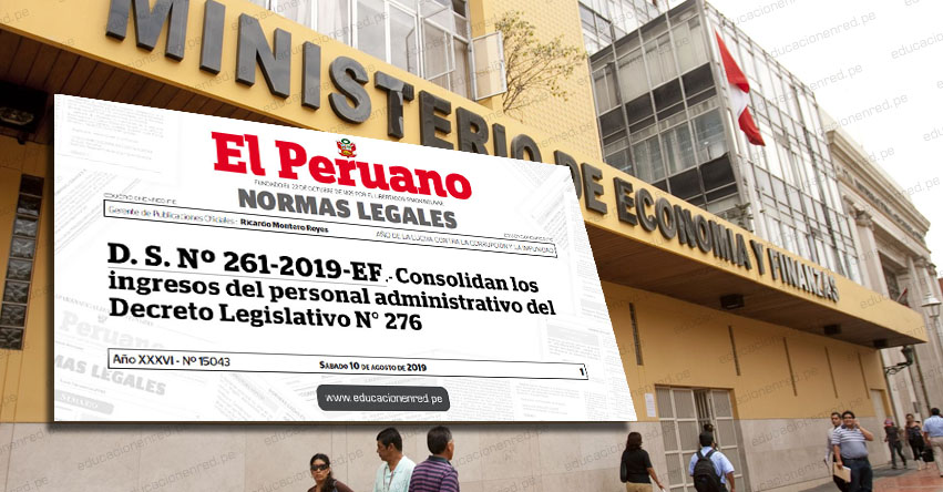 COMUNICADO MEF: Sobre el Decreto Supremo Nº 261-2019-EF que aprueba la consolidación de ingresos del personal administrativo del Decreto Legislativo Nº 276 COMUNICADO MEF: Sobre el Decreto Supremo Nº 261-2019-EF que aprueba la consolidación de ingresos del personal administrativo del Decreto Legislativo Nº 276