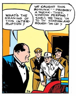 Action Comics (1938) #3 Page 6 Panel 2: Disguised as a "bohunk," Superman is caught spying on the party.