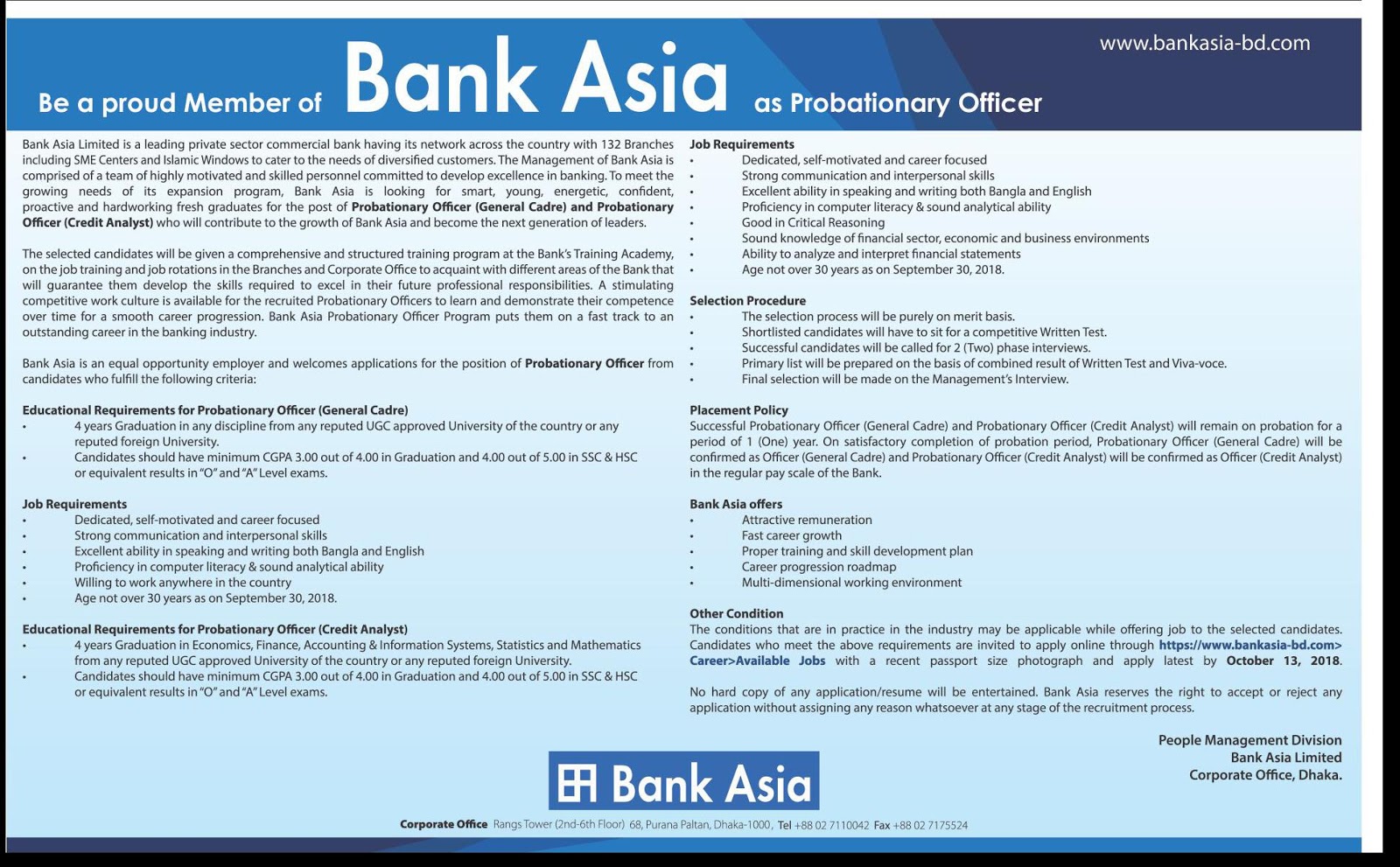 Bank Asia Limited Job Circular 2018