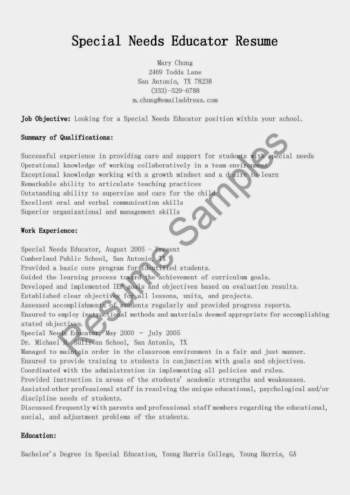 Resume Samples Special Needs Educator Resume Sample