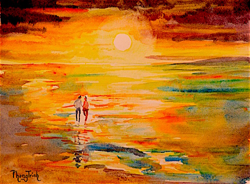 Moon Walk. Watercolour. We do the walk. We walk all night… My imagination. I like simple pleasures in life… Sometimes simplicity is the impossibility. Sometimes we have to go through complexities to achieve simplicity. Why? I used to wonder.. maybe simplicity is only a notion in the mind that lasts a lifetime. Maybe.. this is one of the reason why. I paint.  I wish I could do the moon walk like Michael Jackson but I can't.. however I can moon walk with a little brush.. and that's probably enough for me! :-)