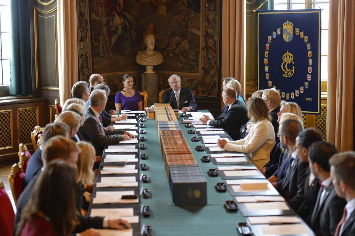 Crown Princess Victoria, Prime Minister Stefan Lofven, King Carl Gustaf and parliament speaker Urban Ahlin, during cabinet meeting at the Royal Palace in Stockholm