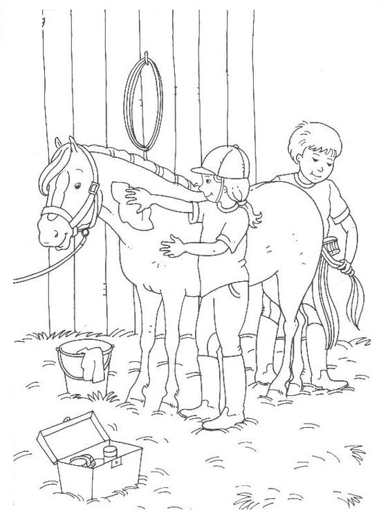 Tranh tô màu chủ đề mùa hè bé chăm sóc con ngựa