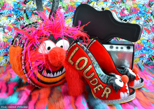 Irregular Choice furry Muppets Animal bag and shoes with graffiti background, amp and fur carpet