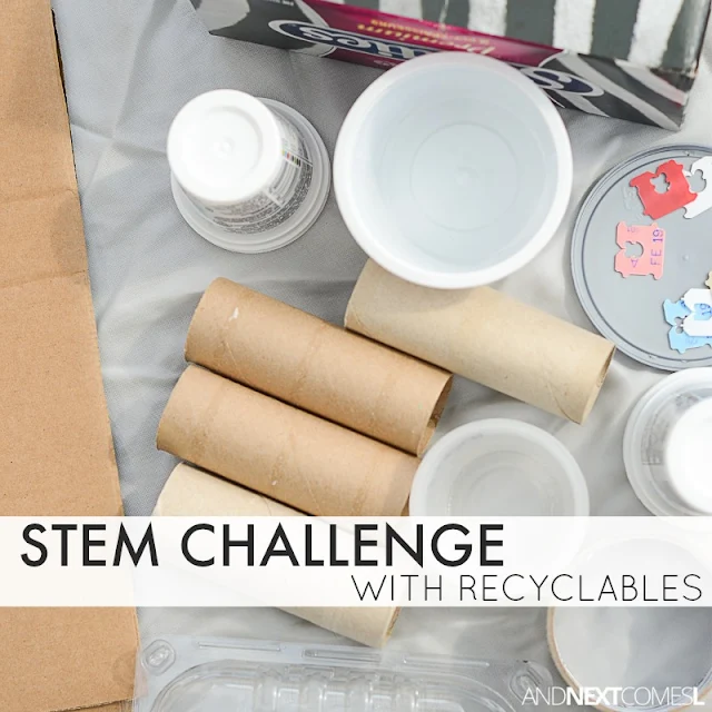 STEM challenge for kids using recyclables - a perfect Earth Day activity from And Next Comes L