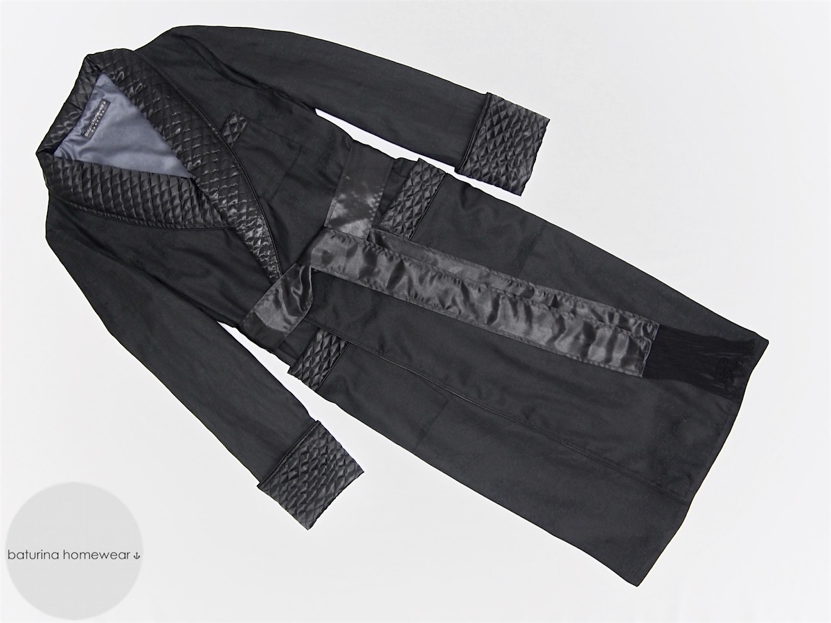 Black Cotton & Quilted Silk Dressing Gown for Men, Long Luxury Men's Robe
